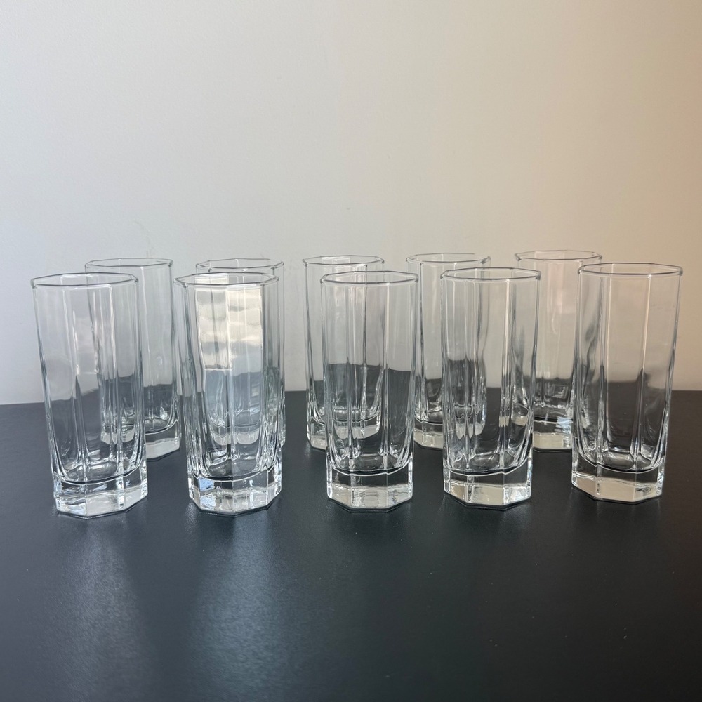 Highball Glasses Set of 10 Clear Octagonal Paneled Weighted Base 5.5in